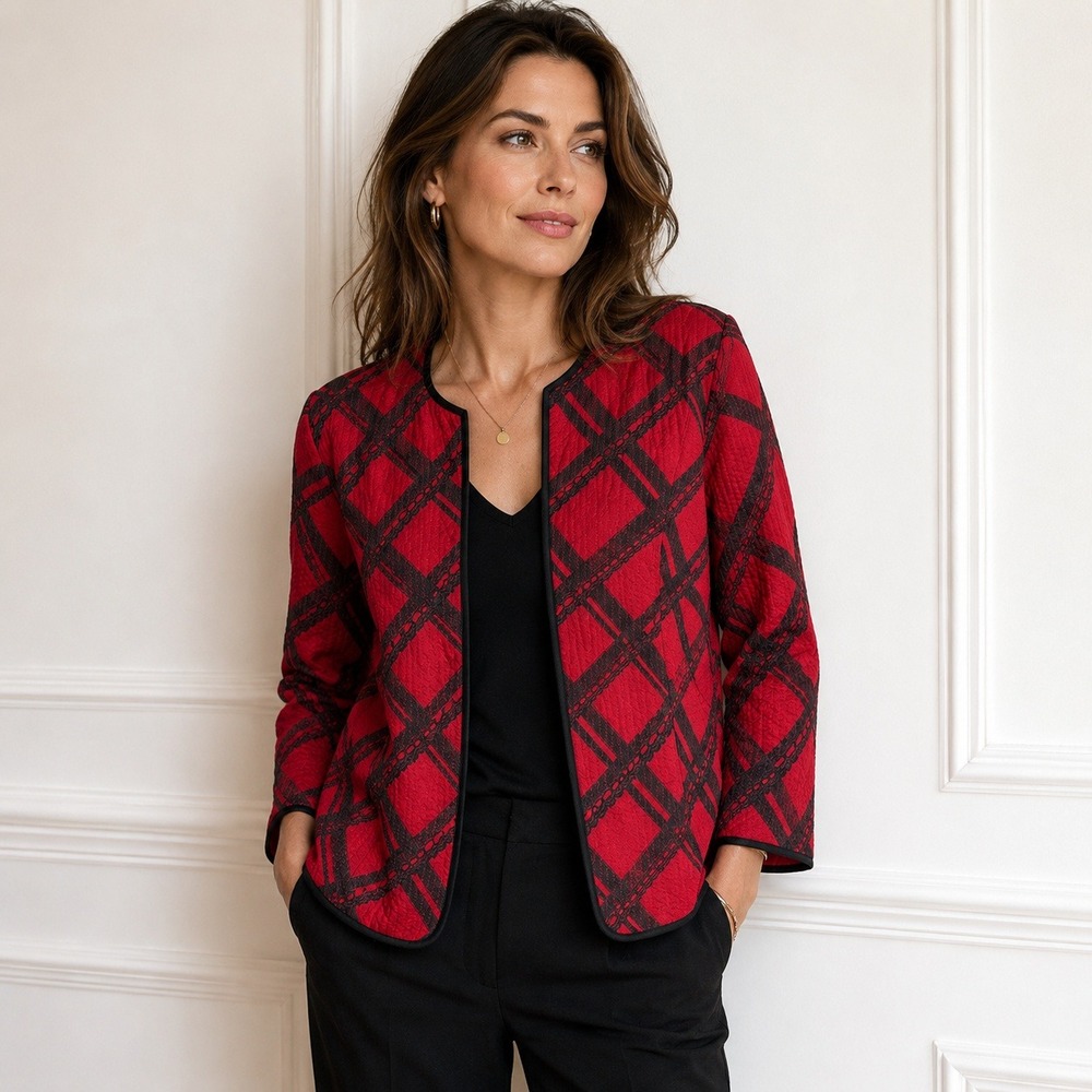 Catherines Quilted Jacket Womens 2X 22/24W Red Black Plaid Open Front Blazer